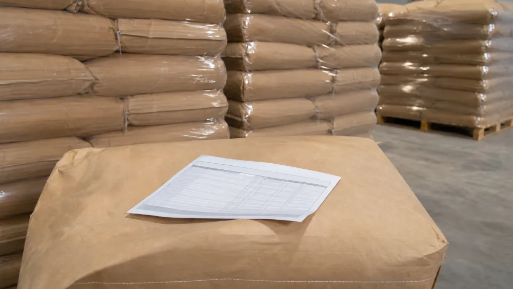 Certificate of analysis beside a 25kg kraft bag of cocoa powder in an export warehouse