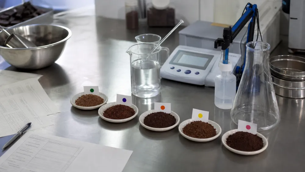 Cocoa powder samples with a pH meter and certificate of analysis documents on a laboratory bench
