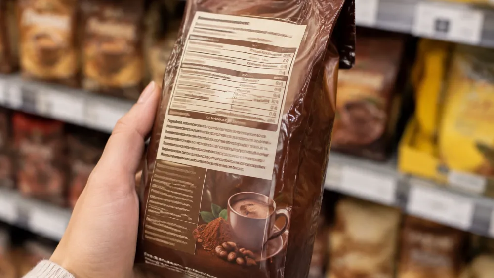 Ingredient label of a cocoa drink mix revealing sugar, maltodextrin and modified starch