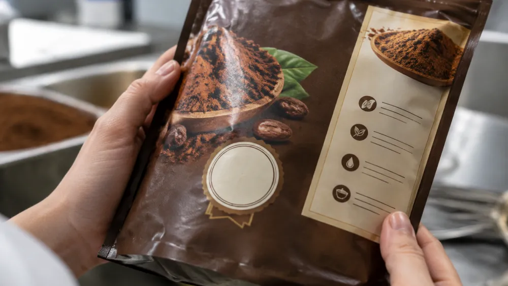 Close-up of a cocoa powder package label showing a certified gluten-free seal next to the ingredient list