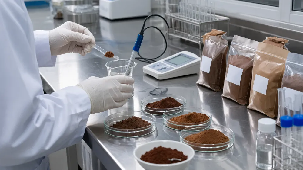 Quality control technician testing cocoa powder samples for pH and color value in a factory laboratory